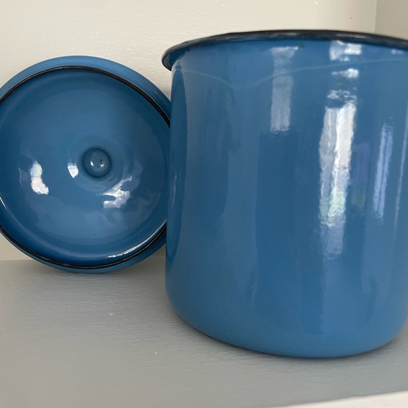 Vintage large enamelware mug with lid camping soup mug graniteware French blue - Picture 4 of 14